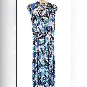 LOFT Blue and Green Leaf Print Maxi Dress PETITE M